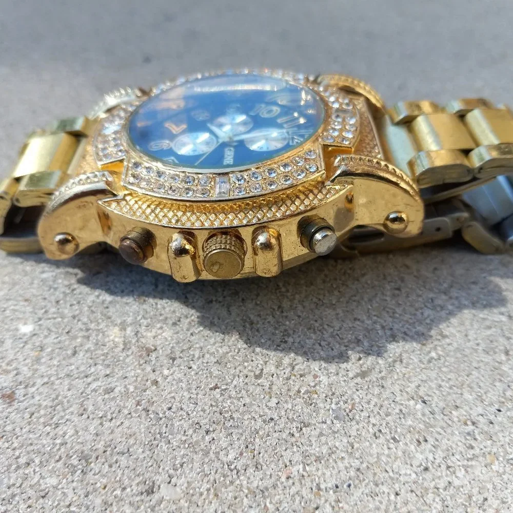 Mens GENEVA Oversized Wrist Watch Gold Rapper Bling Bling